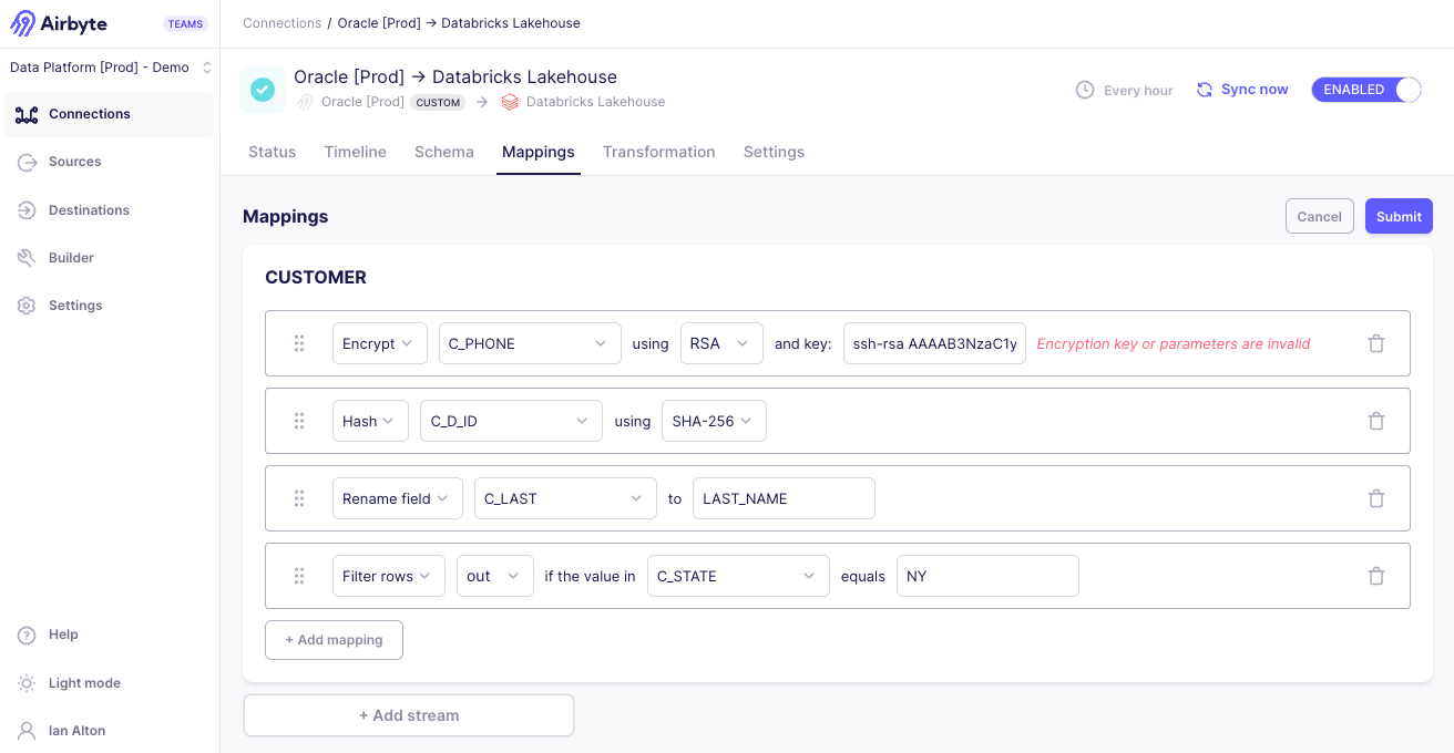 Screenshot of mappings feature showing several streams with mappings applied